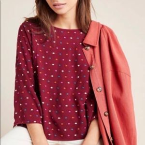 ANTHROPOLOGIE MAEVE Burgundy Dottie Embroidered Blouse Top Size M